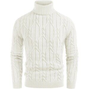 Men's Off-White Mock Turtleneck Long Sleeve Cable Knit Sweaters Slim Pullover
